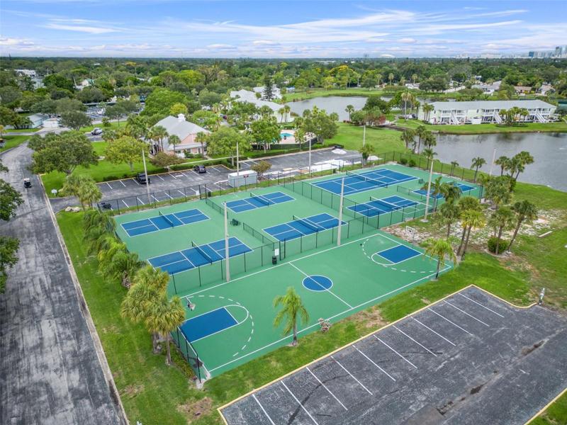Tennis, pickle ball and basketball courts.