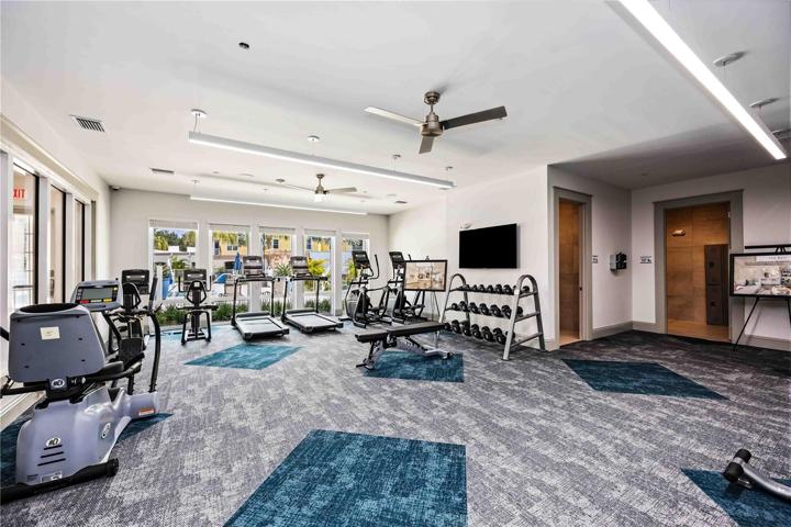 Cardio equipment and weights available. A yoga room is connected to fitness center
