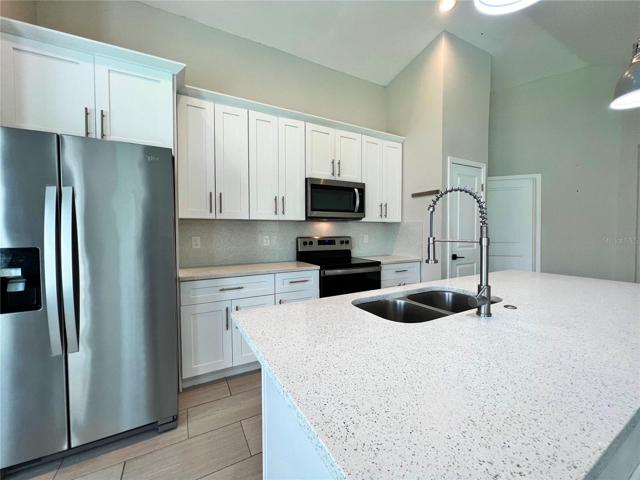 Quartz counter tops, large backsplash, stainless steel appliance