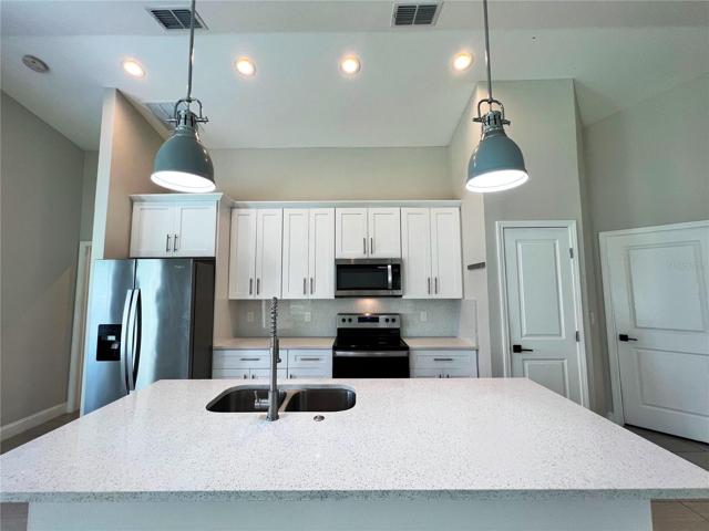 Modern light fixtures, tall quartz stone backsplash, hd over head lighting and smart HVAC.