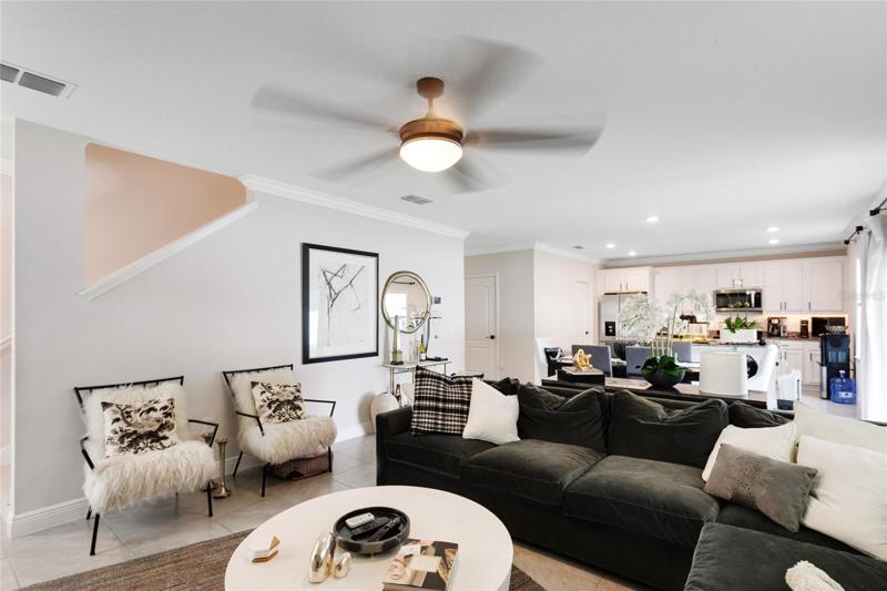 A great view from the living room into the dining area and kitchen.