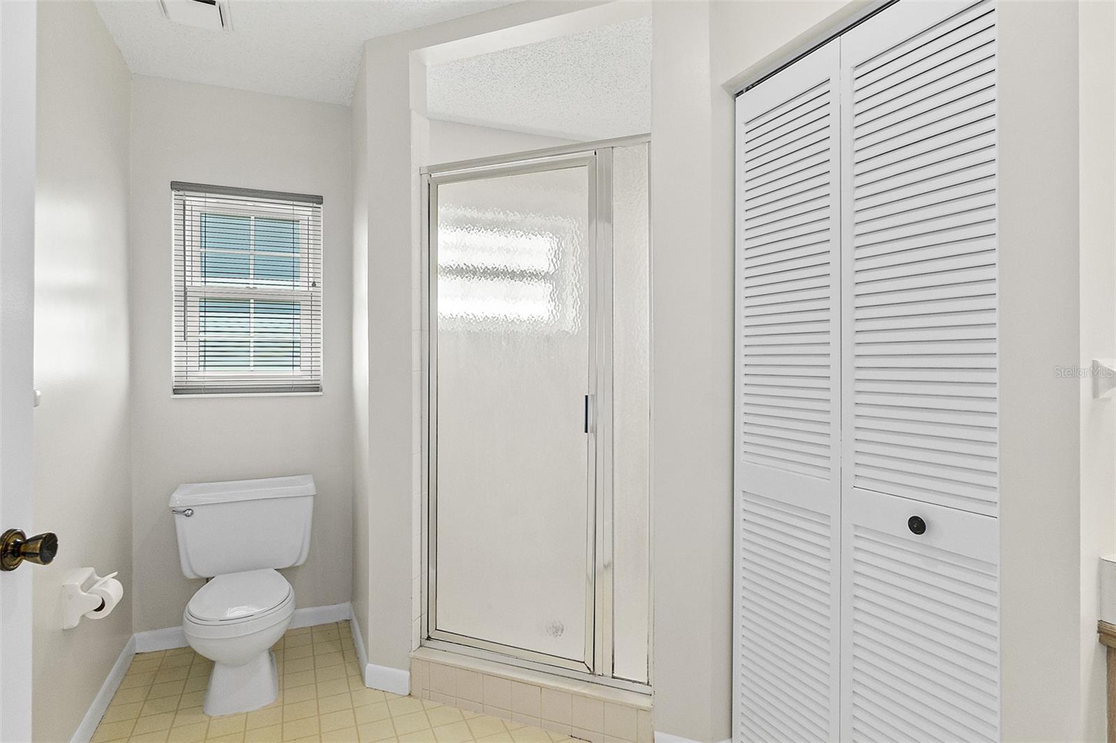 Shower and Toilet & linen closet