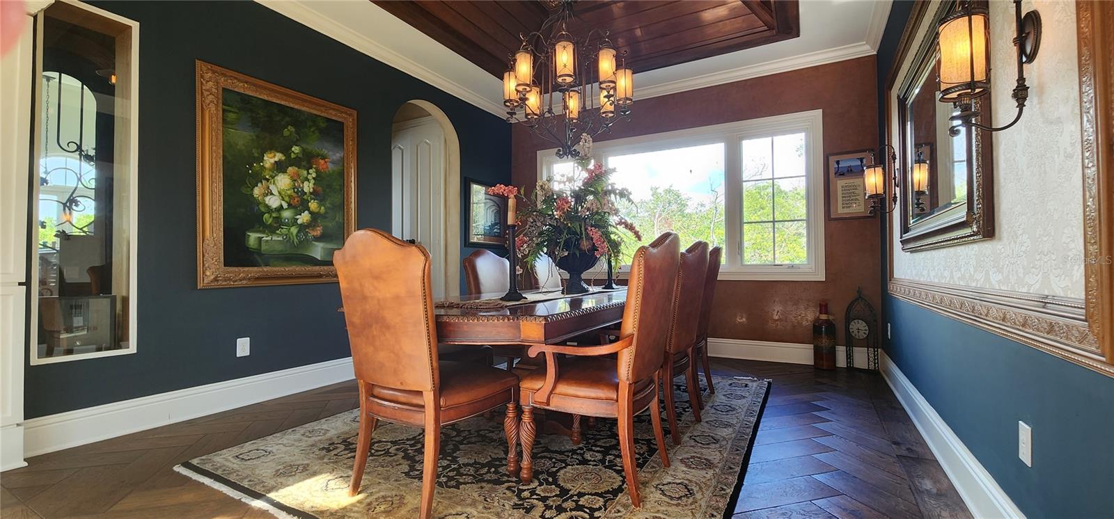 Dining Room -  Tin-pressed tiles in tray ceiling