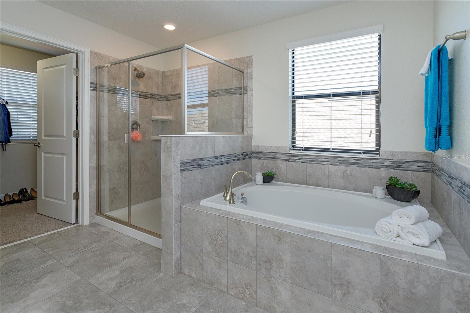 Deep soaking tub with separate shower