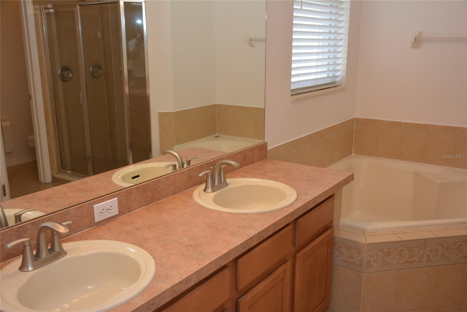 Double vanity, garden tub, step-in shower with dual showerheads