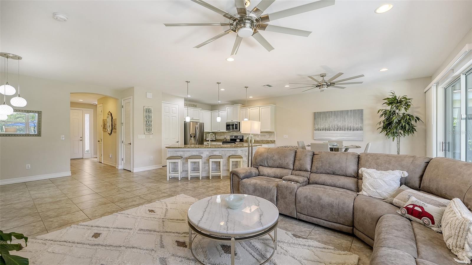 Tile floors, specialty fans with lights