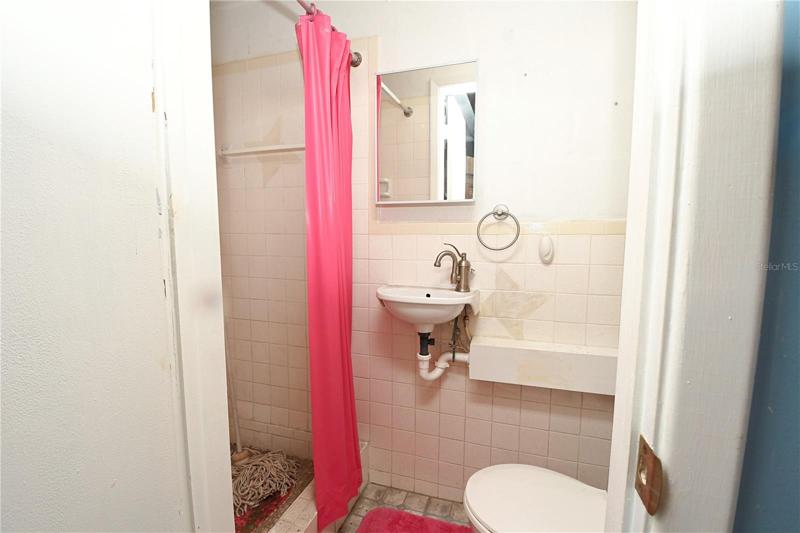 There's a bonus full bath in the garage that has a mirrored sink, shower and commode.