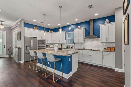 kitchen island and accent walls.