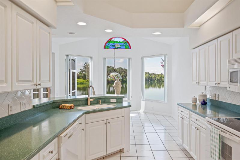 Kitchen also looks out to to the lake