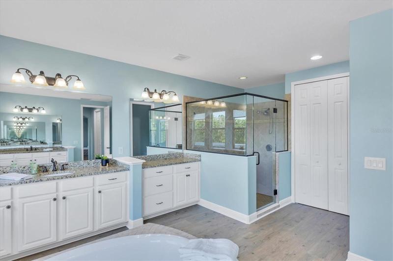Dual vanities and separate shower stall