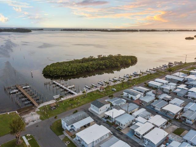 Aerial of the community boat ramp, boat slips, and the Sarasota bay