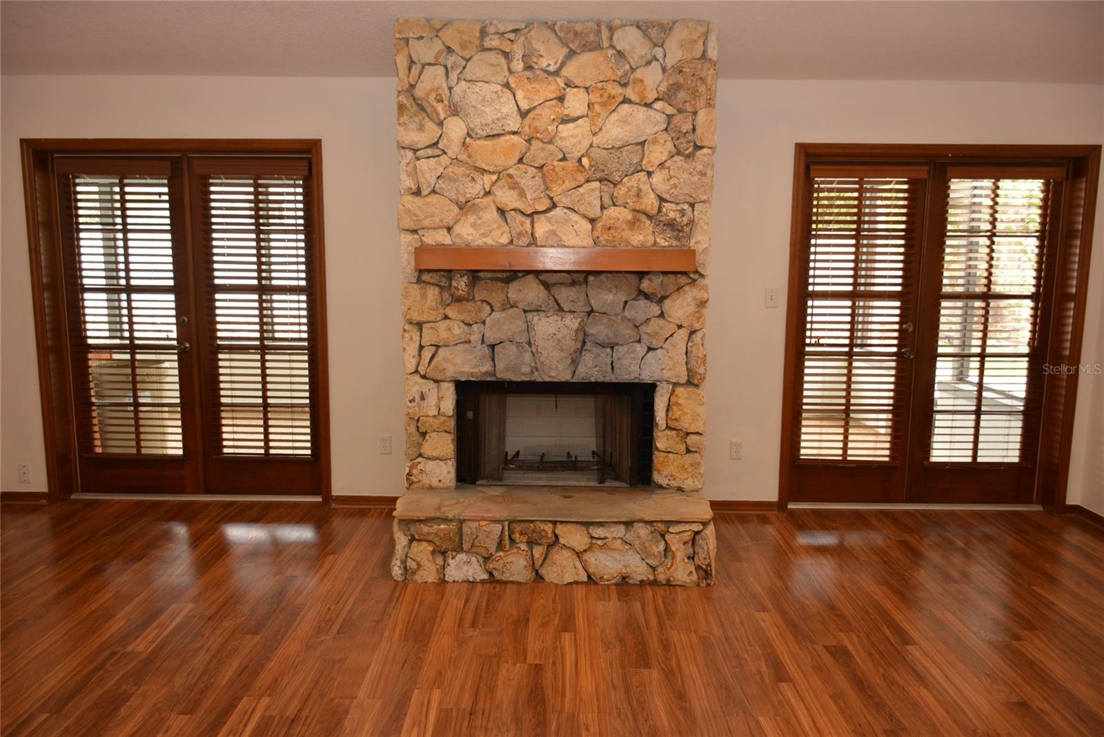 Wood burning stone fireplace