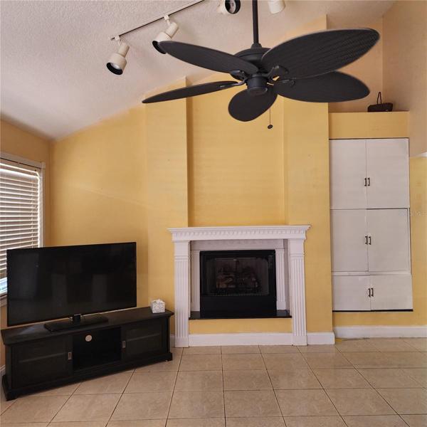 Family room with tre woodburning fireplace