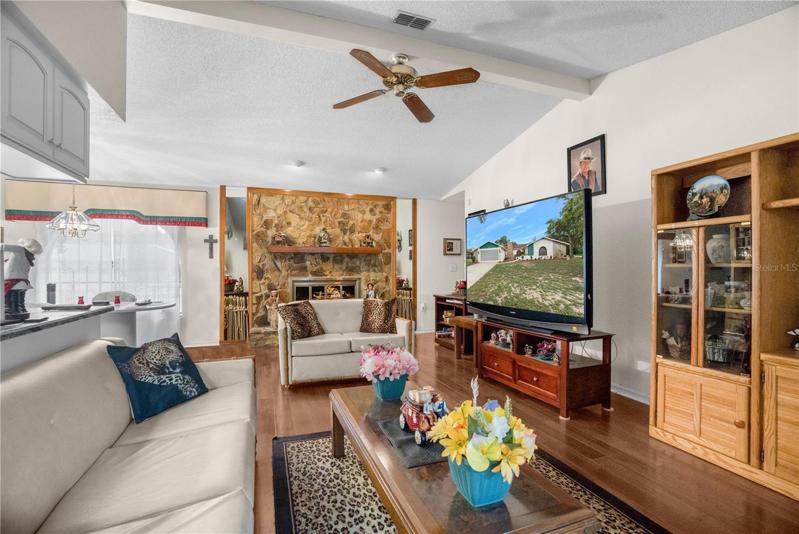 The Family Room also has Vaulted Ceilings and Beams