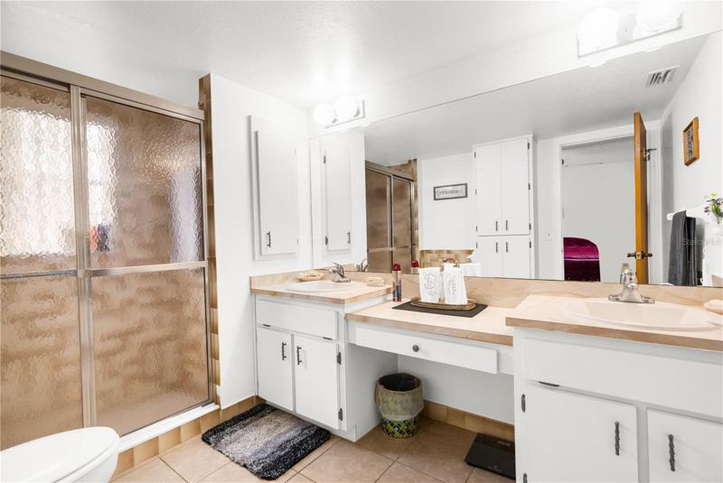 Master Bath features Dual Sinks, Vanity area, Stand Up Shower, and lots of Cabinets for storage