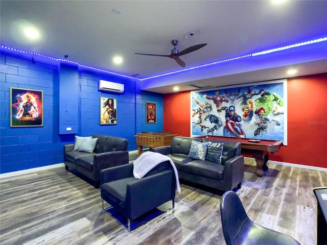 New game room created from the 2 car garage.