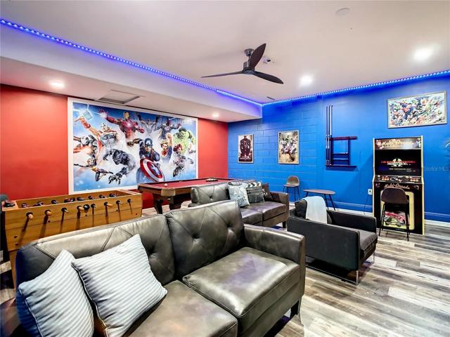 New game room created from the 2 car garage.