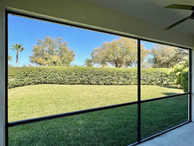 Screened lanai with view of hedged backyard