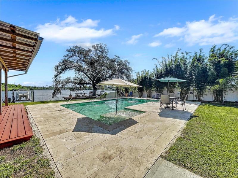 New Trendsetter Heated Pool, beach area, travertine decking, led lights, fountains, salt water.