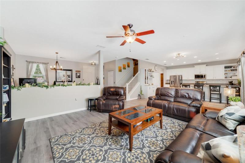 The living and dining areas are open to the kitchen!