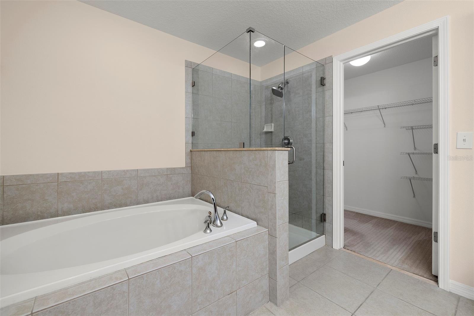 Master Bathroom has Deep Garden Tub and Walk in Shower with Brand New Frameless Glass!