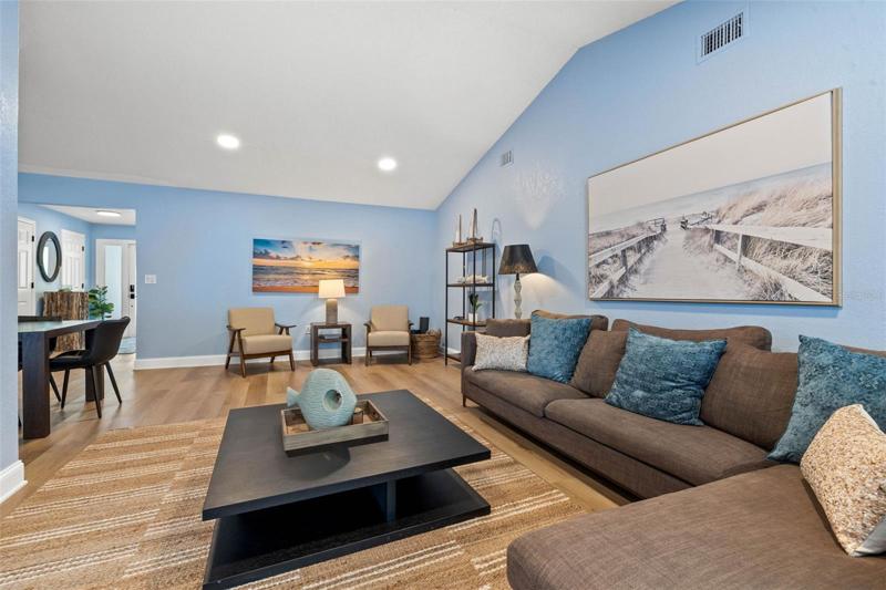 Living room with vaulted ceilings