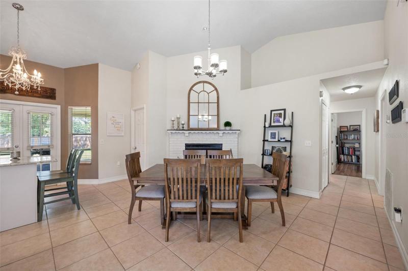 Fireplace adorns dining space
