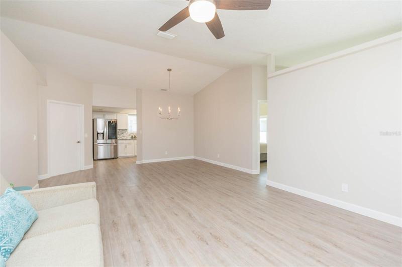 Kitchen connects to dining area