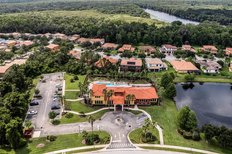 Arial view of the Clubhouse and pool