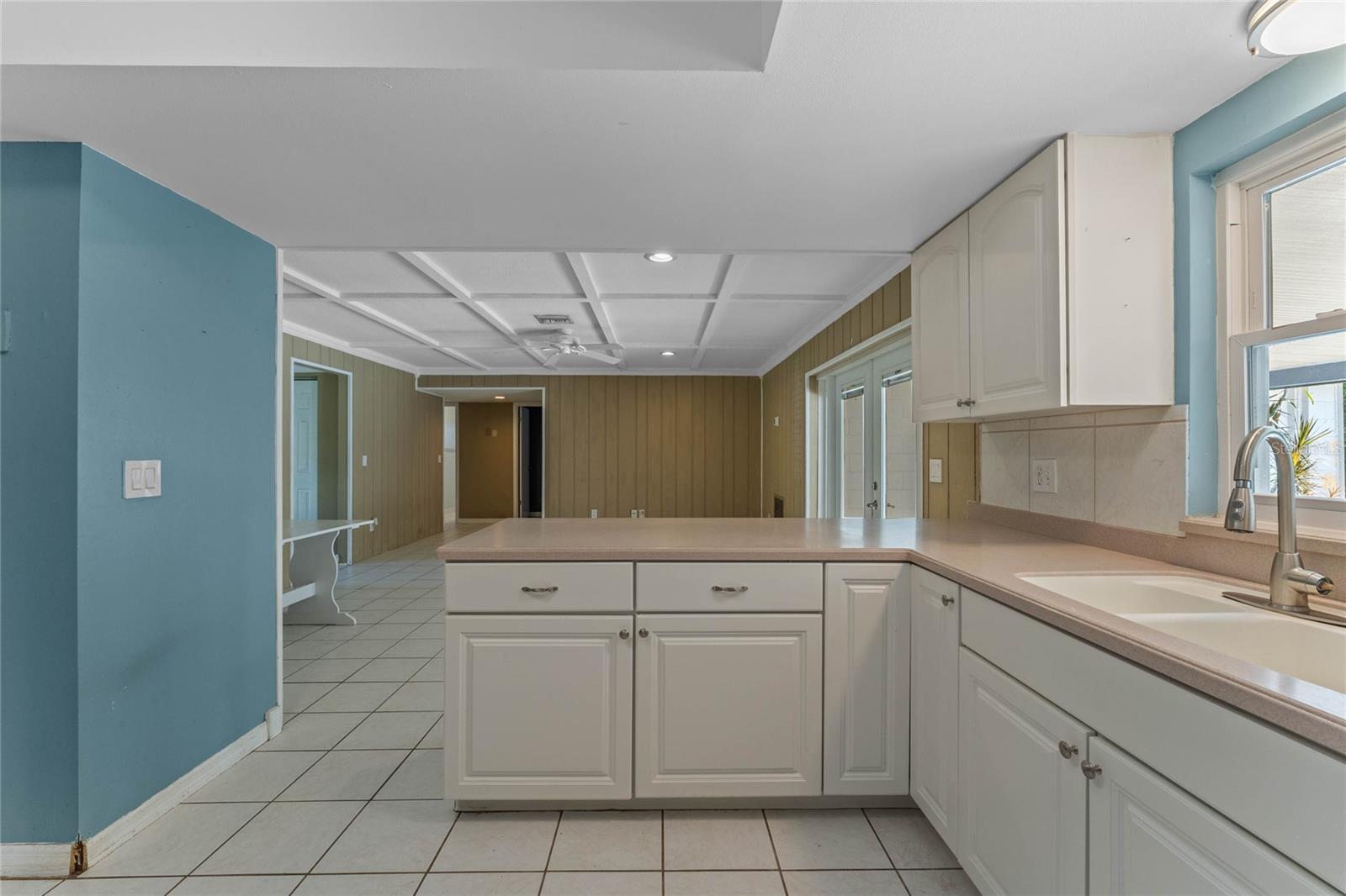 Kitchen with view into family room.