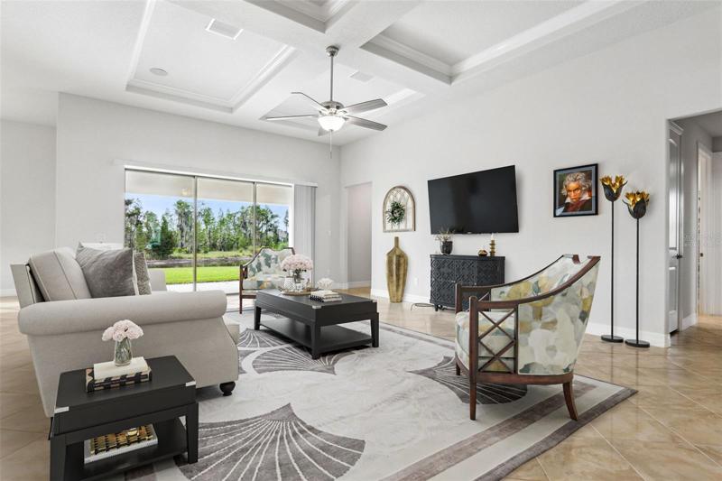 virtually staged. Great room with 12 foot coffered ceilings