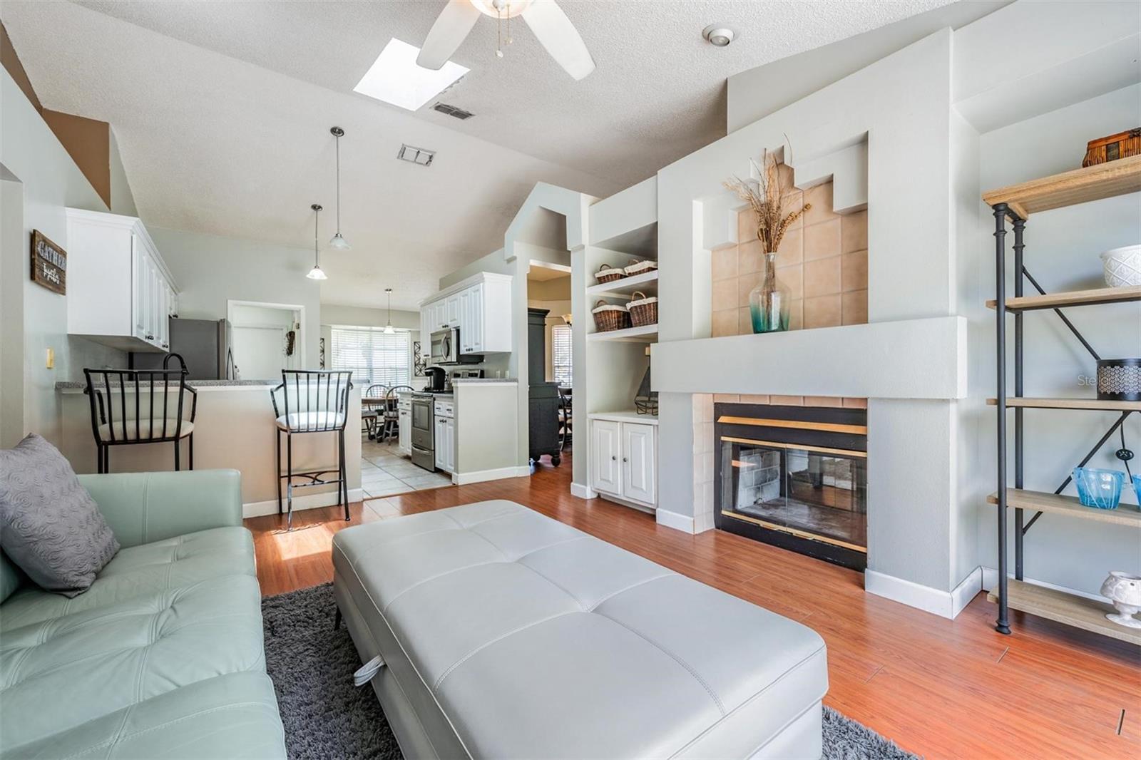 Family room with double-sided fireplace