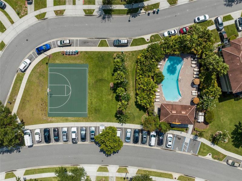 Swimming pool and basketball court.