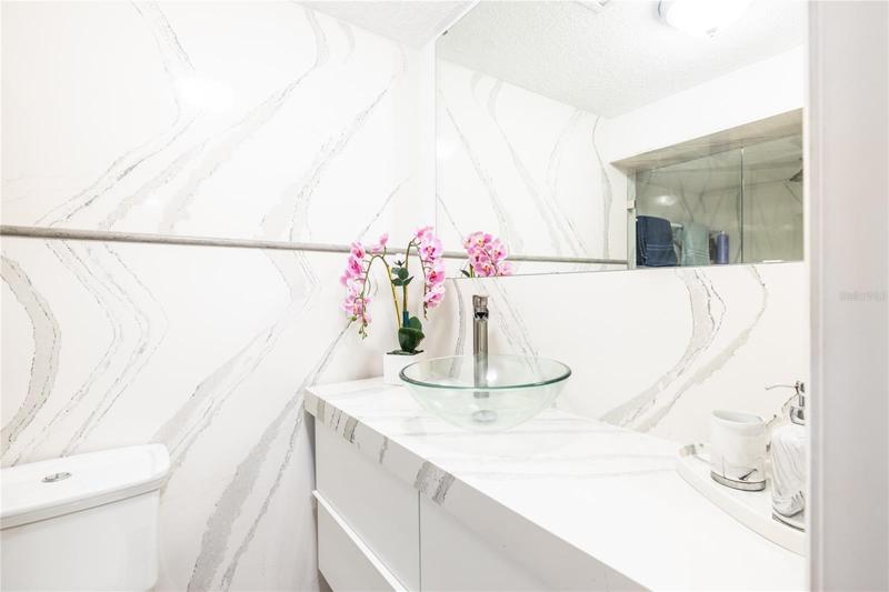 Master bathroom, countertop, modern cabinets.