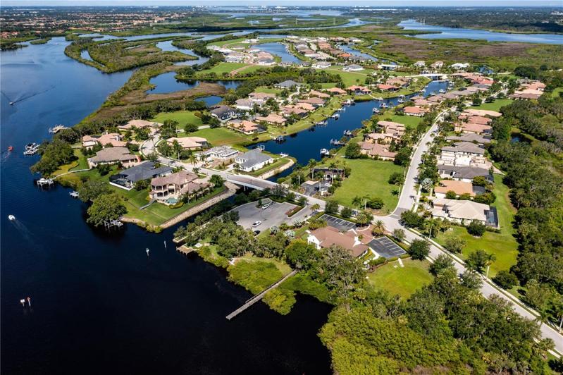 Aerial view of entrance and River Lodge