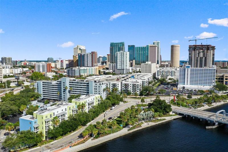 Aerial view of the building and Downtown Tampa Skyline