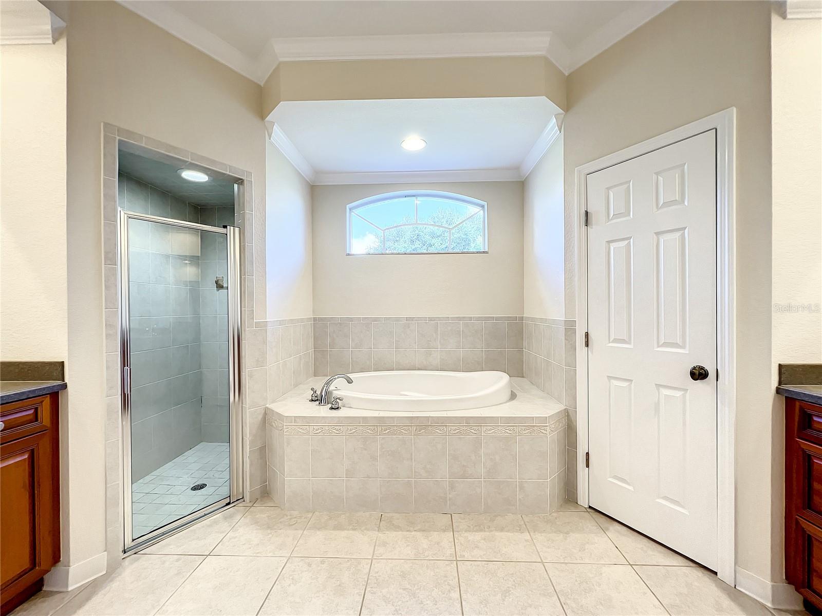 Master bath split vanities, separate shower, rub, and water closet.