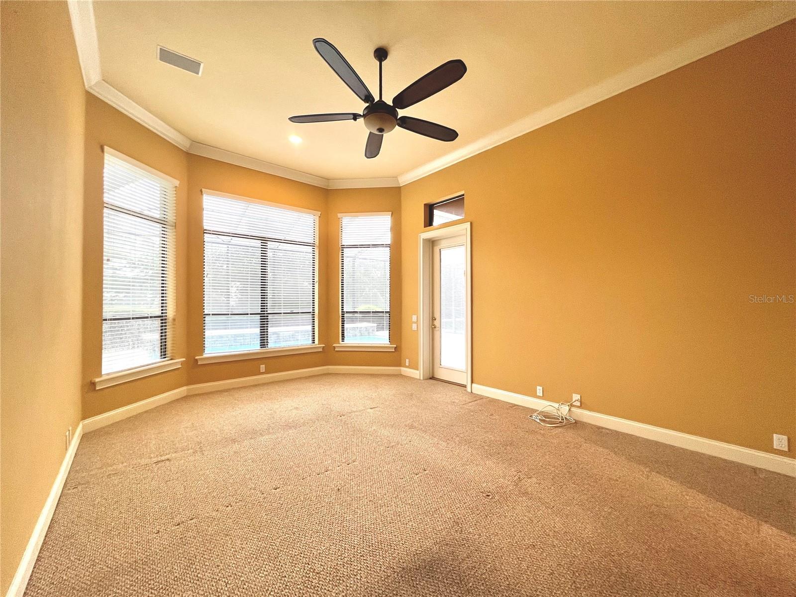 Master Br overlooking pool w/ pretty bay windows