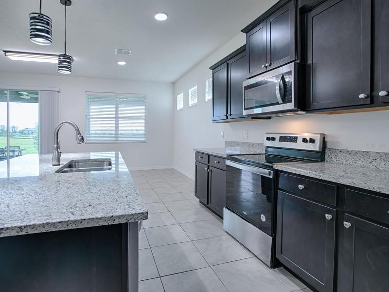 DOUBLE-BASIN STAINLESS SINK, ELECTRIC RANGE AND OVERHEAD-MOUNTED MICROWAVE