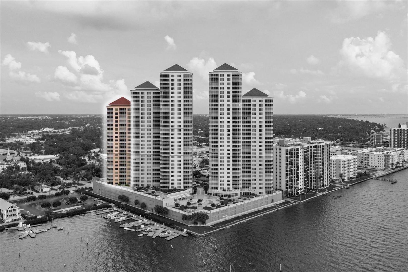 Aerial from the river - condo building highlighted.