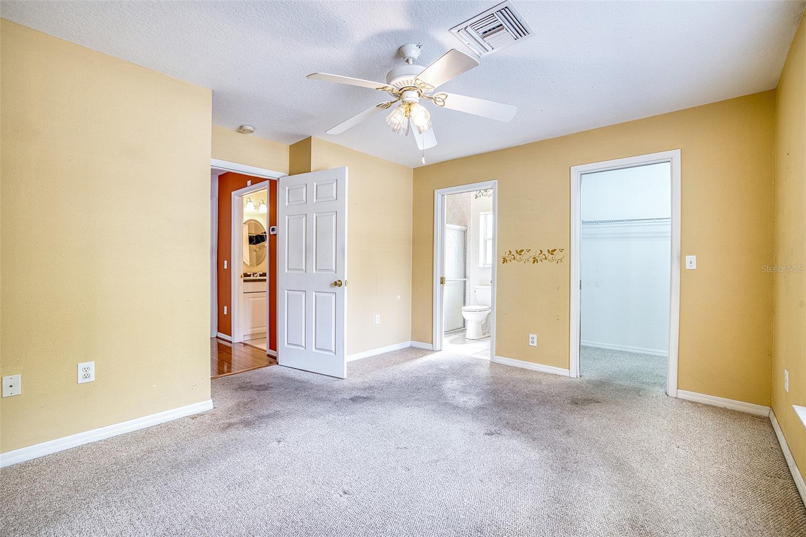 Another view from the primary bedroom toward bathroom, closet and hallway