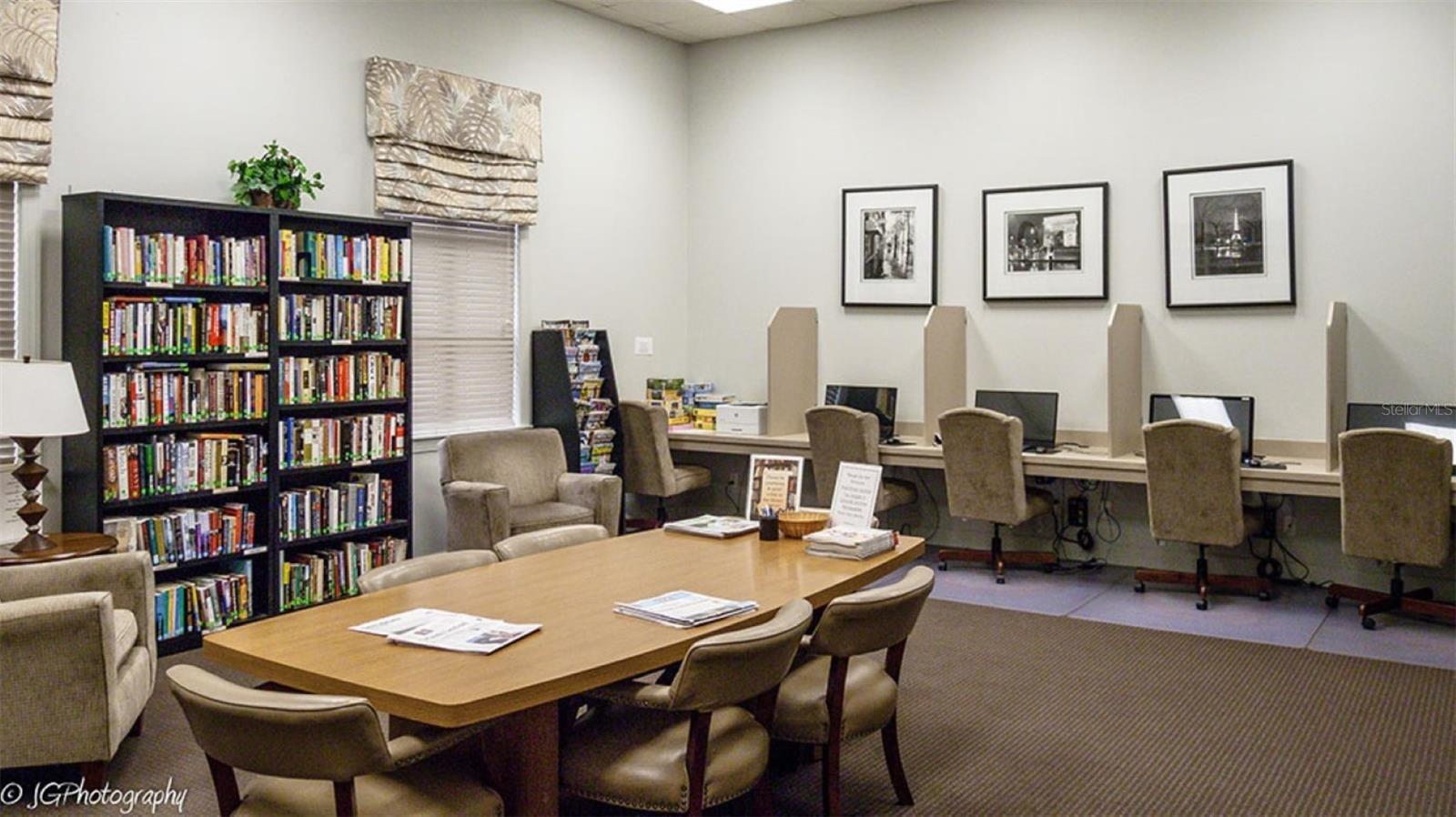 The main clubhouse media room has computers for resident use and a large honor system lending library.