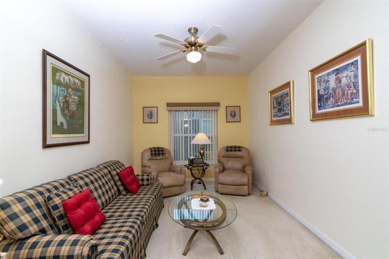 The den has quality carpeting and ceiling fan with light.
