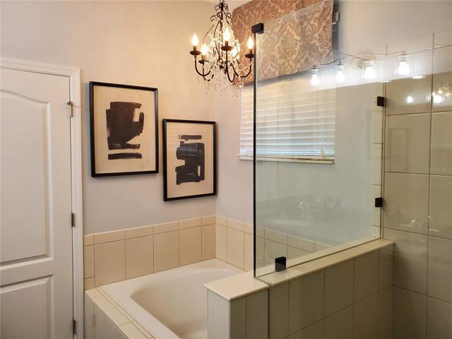 Luxurious soaking tub and chandelier