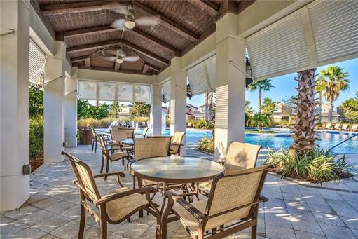 Covered seating area by pool