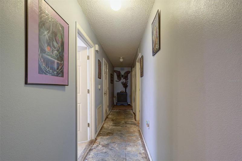 Hallway to guest bath, master and guest bedroom and garage door.