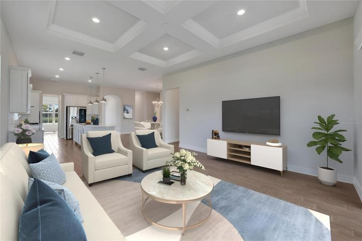 virtually staged family room/ kitchen