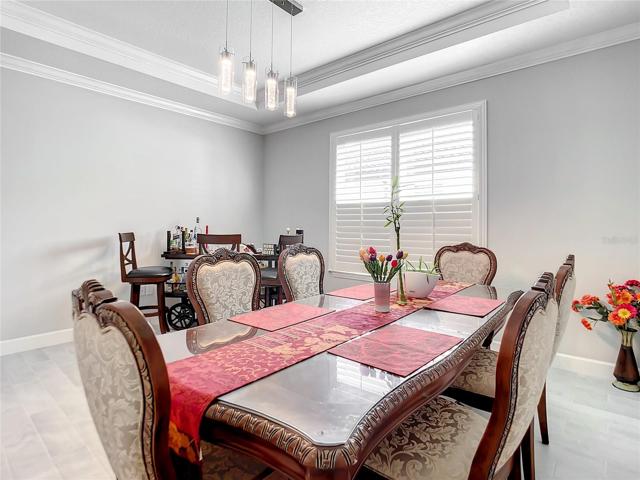 Flex room with double doors, tray ceiling and crown molding