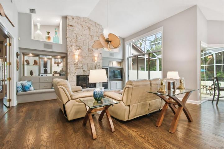 Family Room with natural coral fireplace