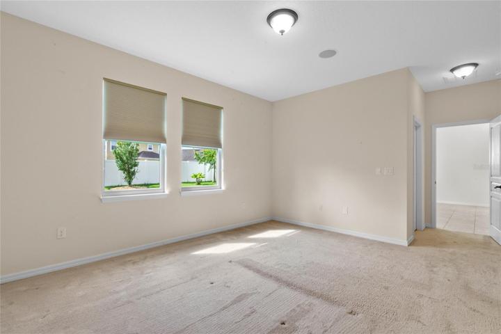 Master Bedroom with Blackout Cellular Shades, showing Walk in Closet and entrance.